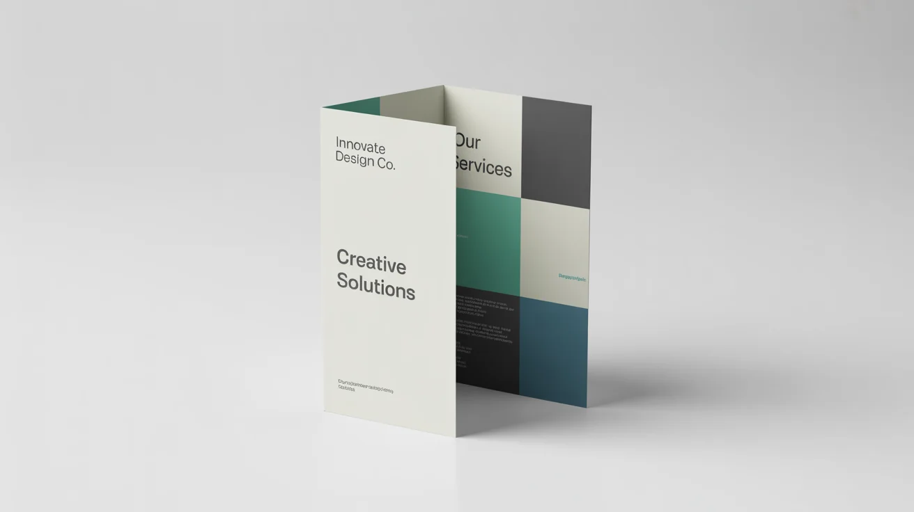 A mockup of a modern, professional tri-fold brochure for 'Innovate Design Co.', shown standing on a white background.