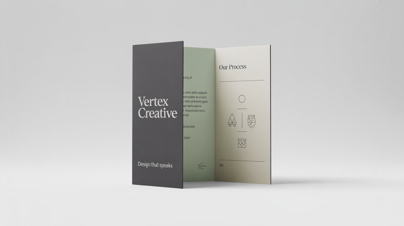 A photorealistic mockup of a modern, minimalist tri-fold brochure for a creative agency named 'Vertex Creative', standing upright on a clean white surface.