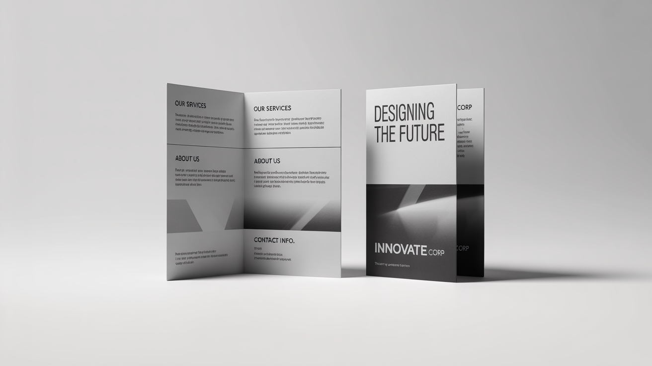 A professional mockup of a tri-fold brochure for a fictional company, 'Innovate Corp,' showing both the open inner panels and the folded front cover on a clean white background.