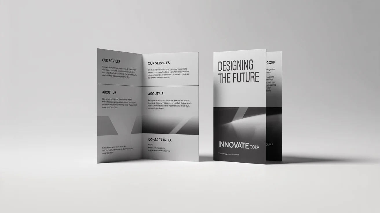 A professional mockup of a tri-fold brochure for a fictional company, 'Innovate Corp,' showing both the open inner panels and the folded front cover on a clean white background.