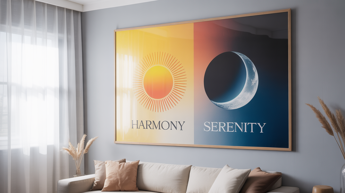 A framed horizontal poster of a sun and moon hanging on the wall of a stylish, modern living room. The art features a vibrant sun, a calm moon, and the words 'HARMONY' and 'SERENITY' integrated into the design. The room is brightly lit, creating an aspirational home decor scene.