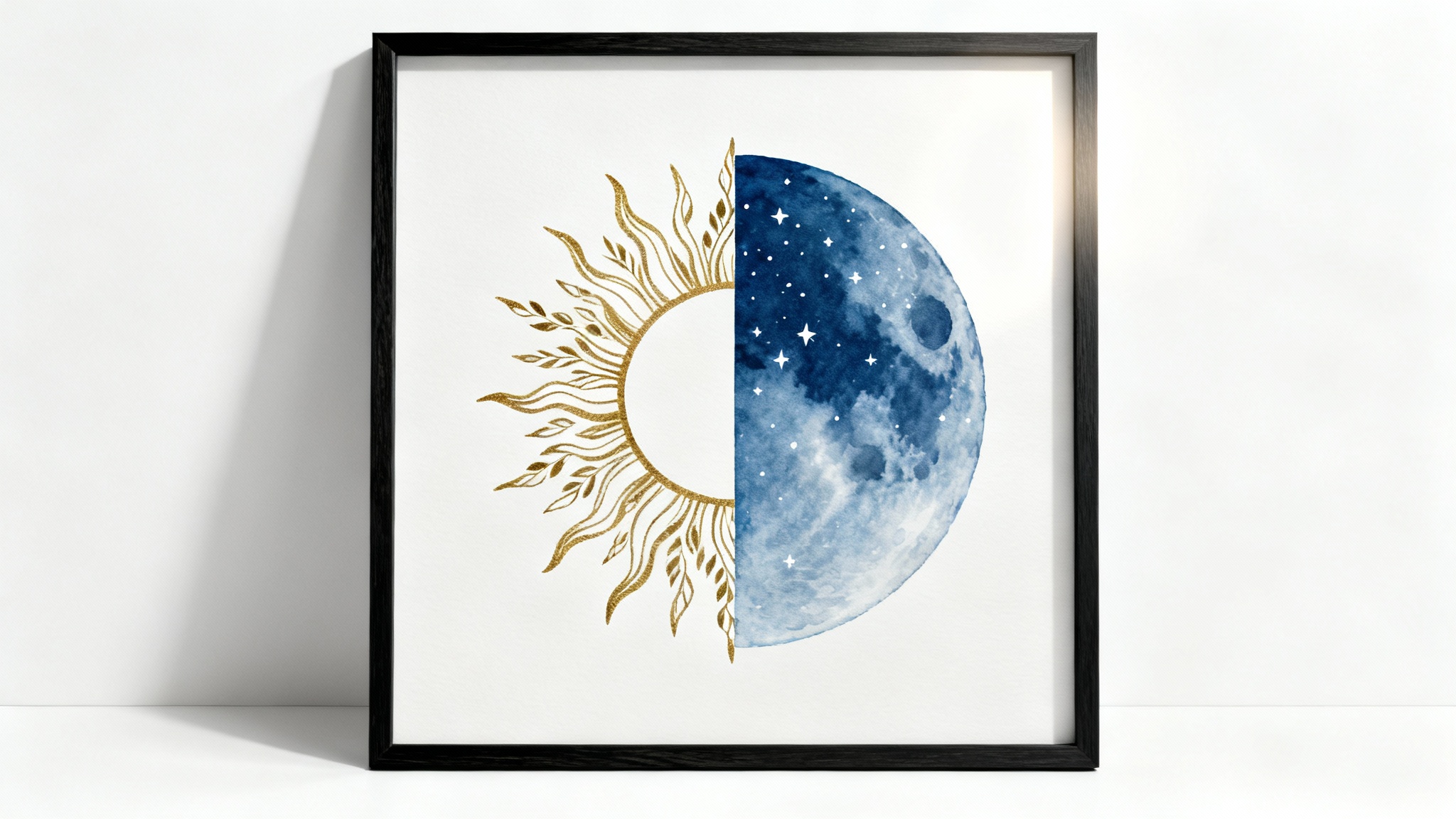 A modern square wall art piece in a thin black frame, featuring a split design with a golden sun on the left and a dark blue crescent moon on the right, set against a white background.