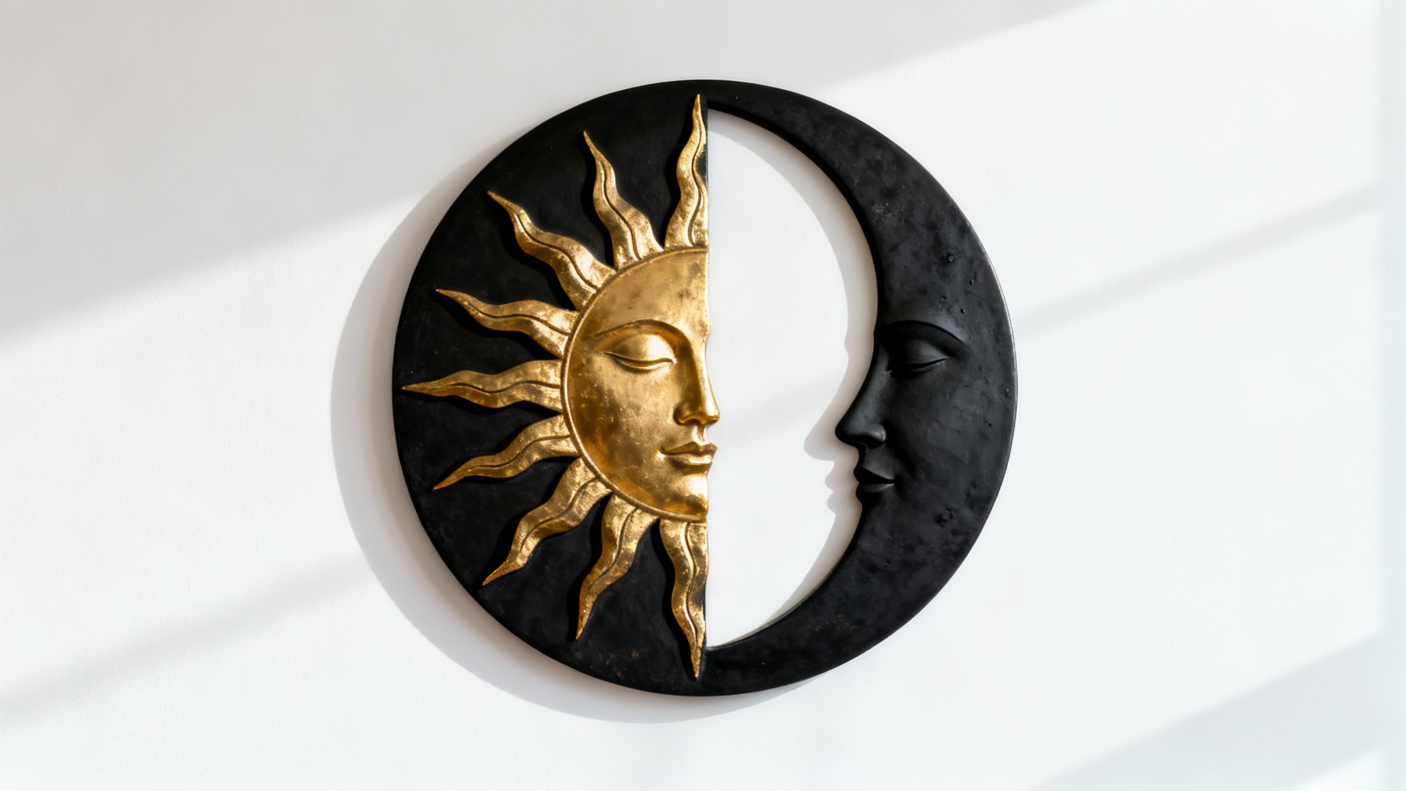 A mockup of a circular wall art piece featuring a gold sun and a black crescent moon, hanging on a plain white wall.
