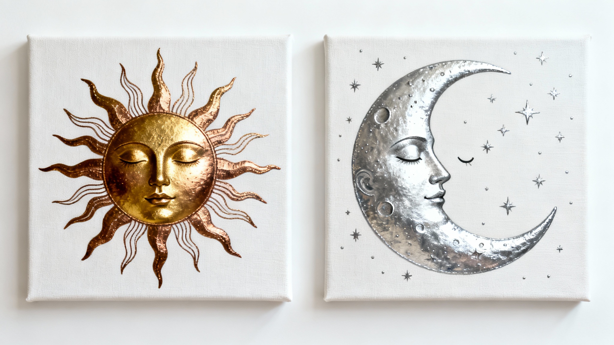 A product mockup showing a two-piece wall art set against a white background. The left piece features an intricate golden sun with a face, and the right piece features a complementary silver crescent moon with a sleeping face.