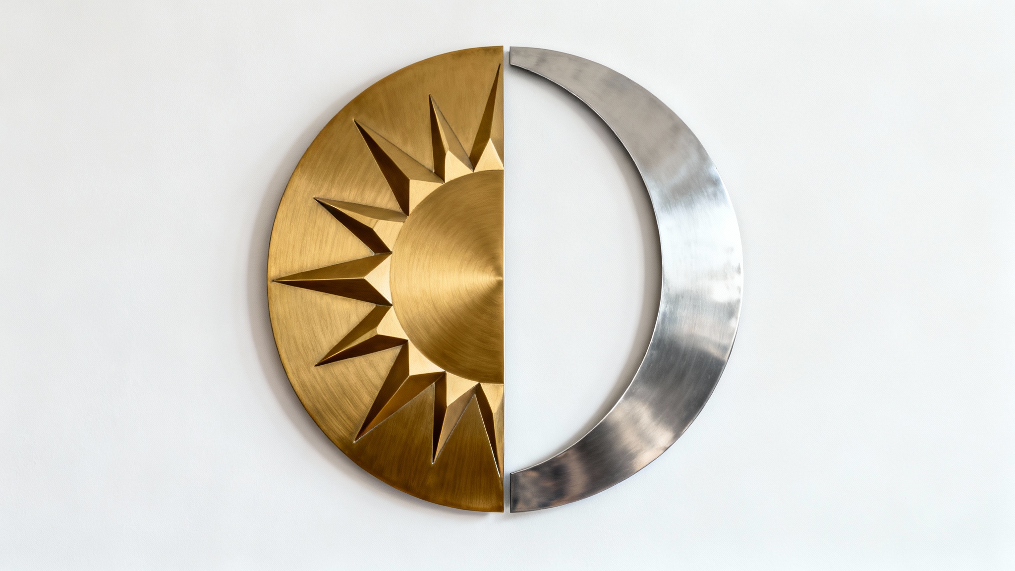 A modern metal wall art piece featuring a split design of a golden sun and a silver crescent moon, displayed on a white background.