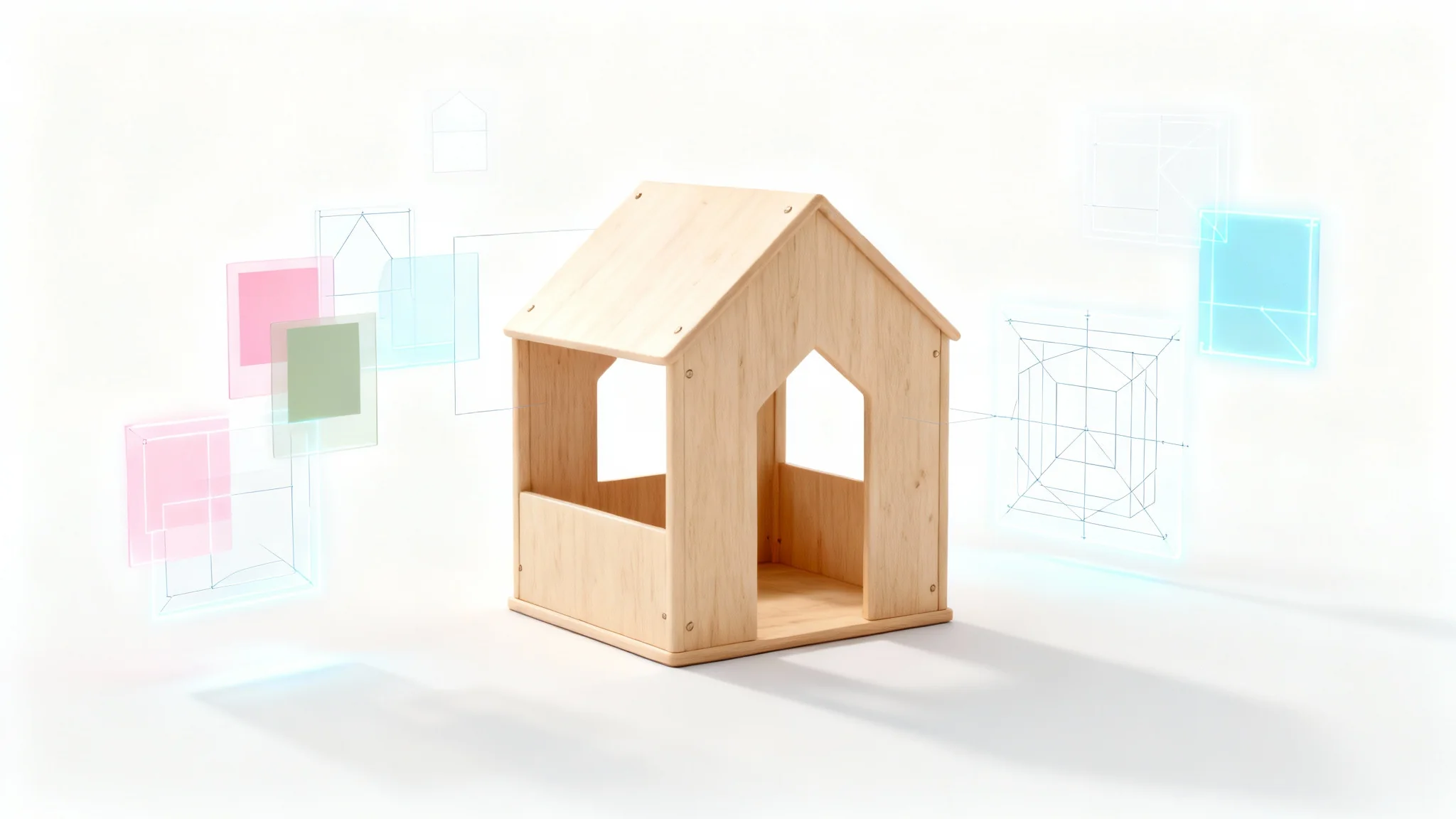 A modern wooden children's playhouse on a white background, representing a playhouse visualizer tool. Colorful, transparent swatches and abstract design elements float around it.