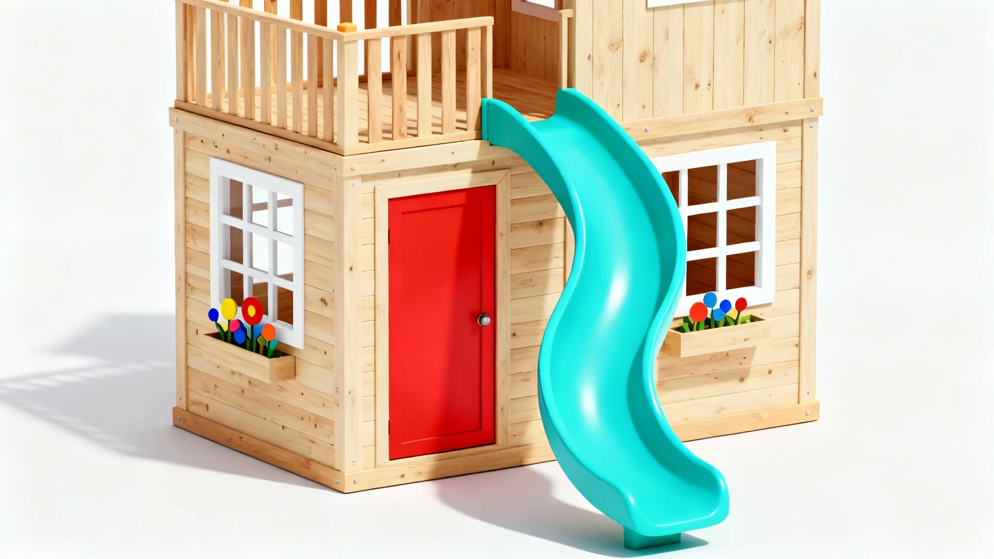 A 3D render of a modern, two-story wooden children's playhouse with a turquoise slide and a red door, presented as a mockup on a white background.