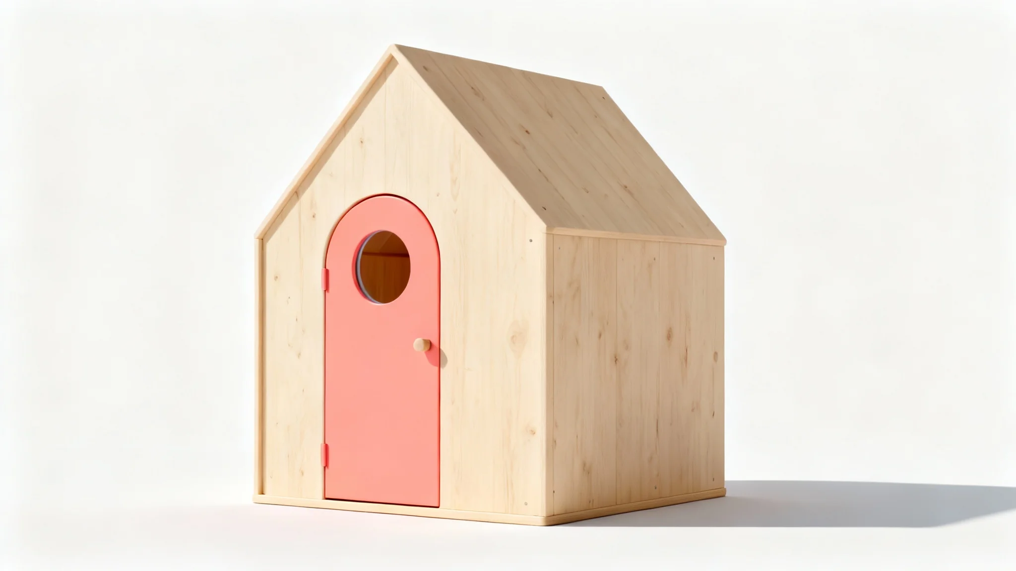 A photorealistic mockup of a modern, wooden A-frame children's playhouse with a coral-pink door, set against a sterile white studio background.