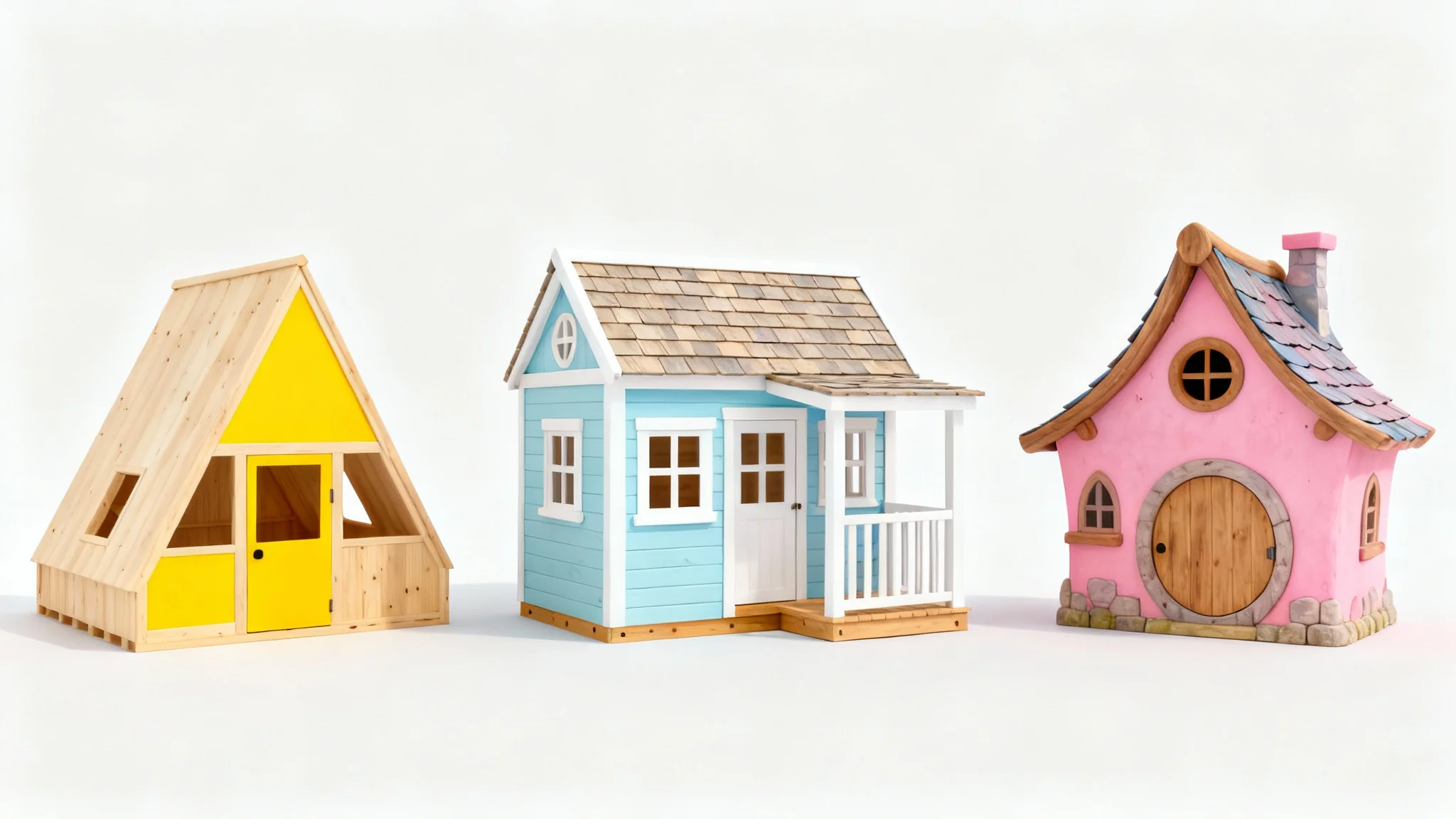 A product mockup showing three different children's playhouses, a classic blue one, a modern yellow one, and a whimsical pink one arranged in a row on a clean white background.