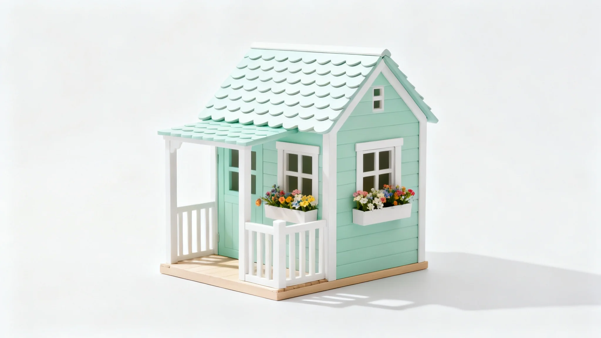A beautifully crafted, cottage-style children's playhouse in mint green and white, presented as a high-quality product photo against a plain white background.