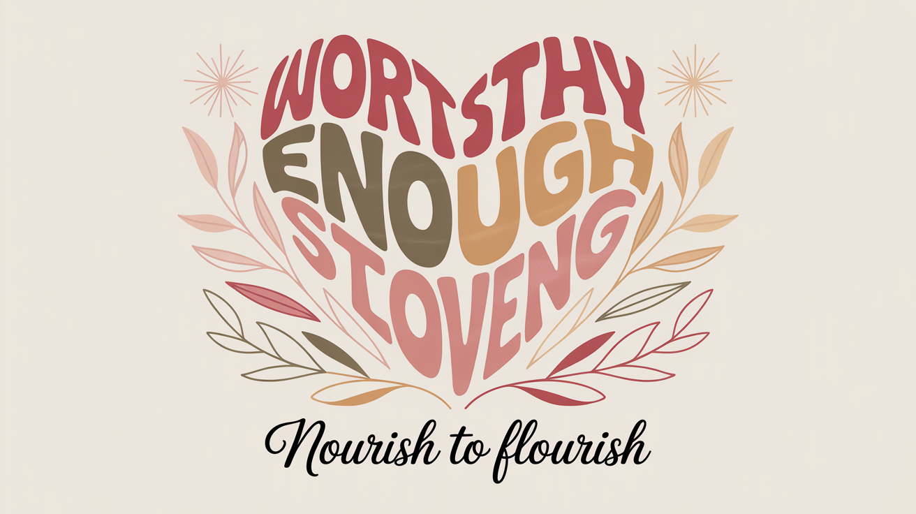 A finished, professionally designed self-love poster featuring a large heart made of empowering words like 'Worthy' and 'Enough' on a soft cream background, with the quote 'Nourish to flourish' at the bottom.
