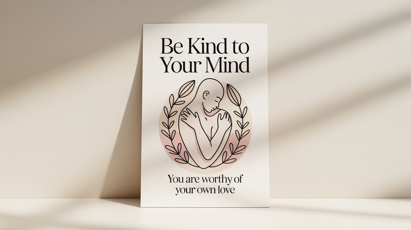 A modern self-love poster mockup on a white background. The poster features a line art drawing of a person hugging themselves and the text 'Be Kind To Your Mind'.