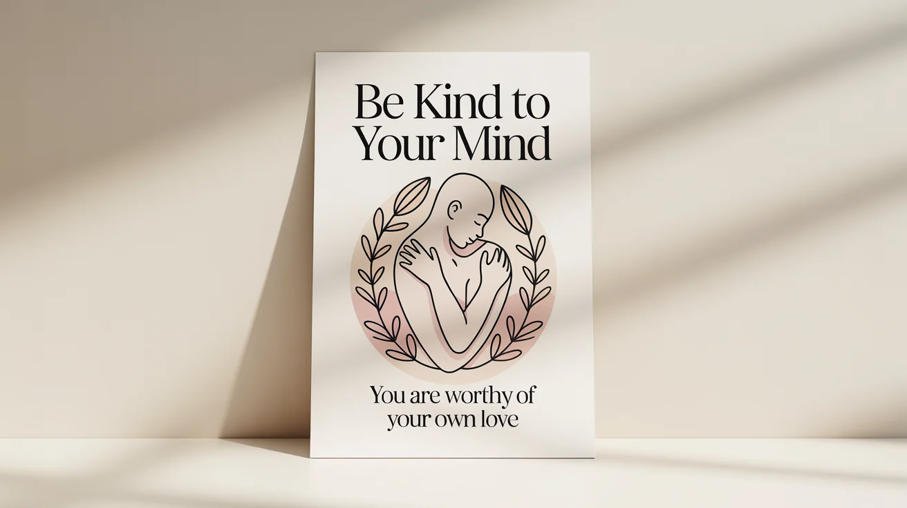 A modern self-love poster mockup on a white background. The poster features a line art drawing of a person hugging themselves and the text 'Be Kind To Your Mind'.
