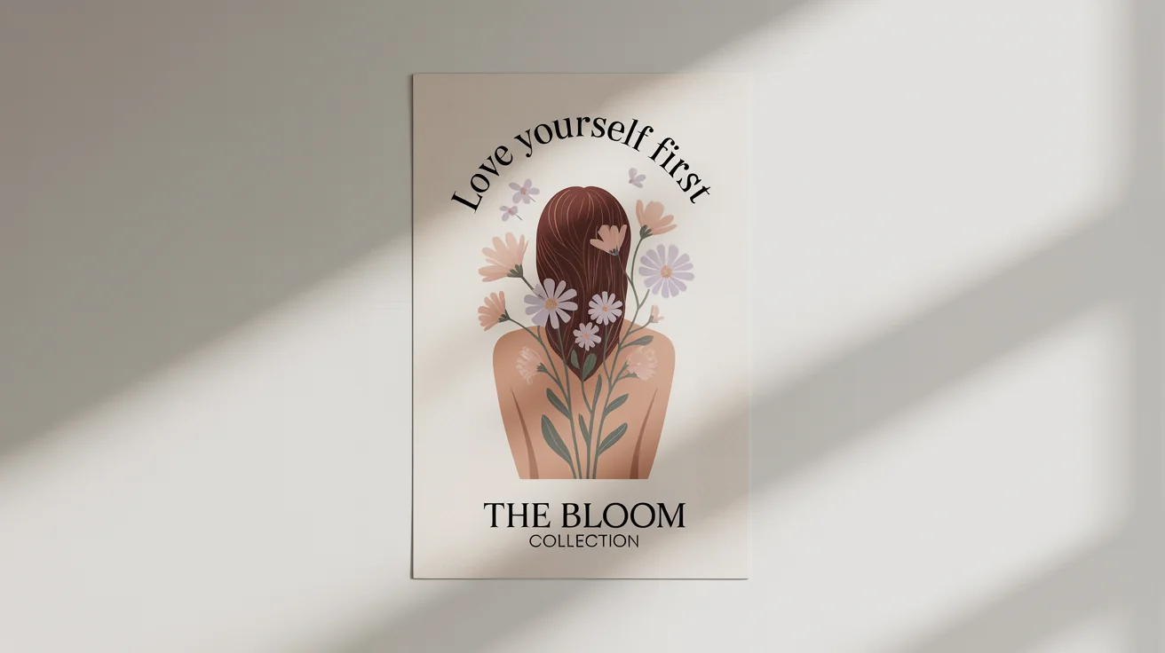 A mockup of a self-love poster on a white background, featuring a line art illustration of a person hugging themself with flowers blooming, and the text 'Love Yourself First'.