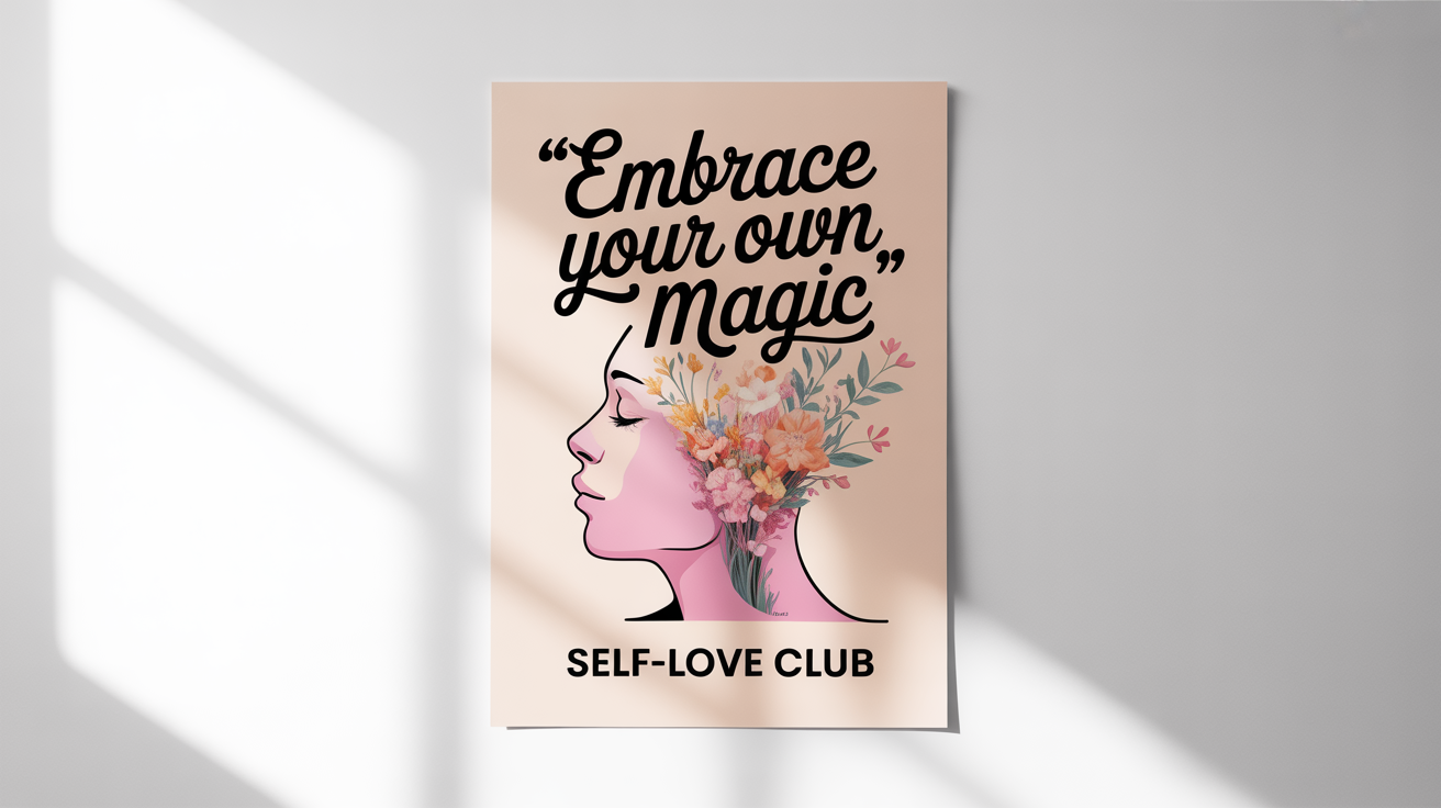 A mockup of a beautifully designed self-love poster on a white background. The poster features a line drawing of a person with flowers blooming from their heart and the text 'Embrace Your Own Magic' and 'Self-Love Club'.