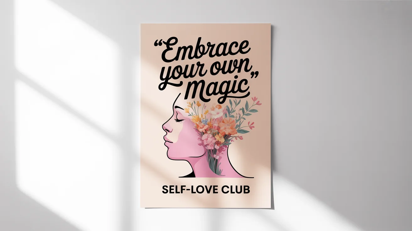 A mockup of a beautifully designed self-love poster on a white background. The poster features a line drawing of a person with flowers blooming from their heart and the text 'Embrace Your Own Magic' and 'Self-Love Club'.