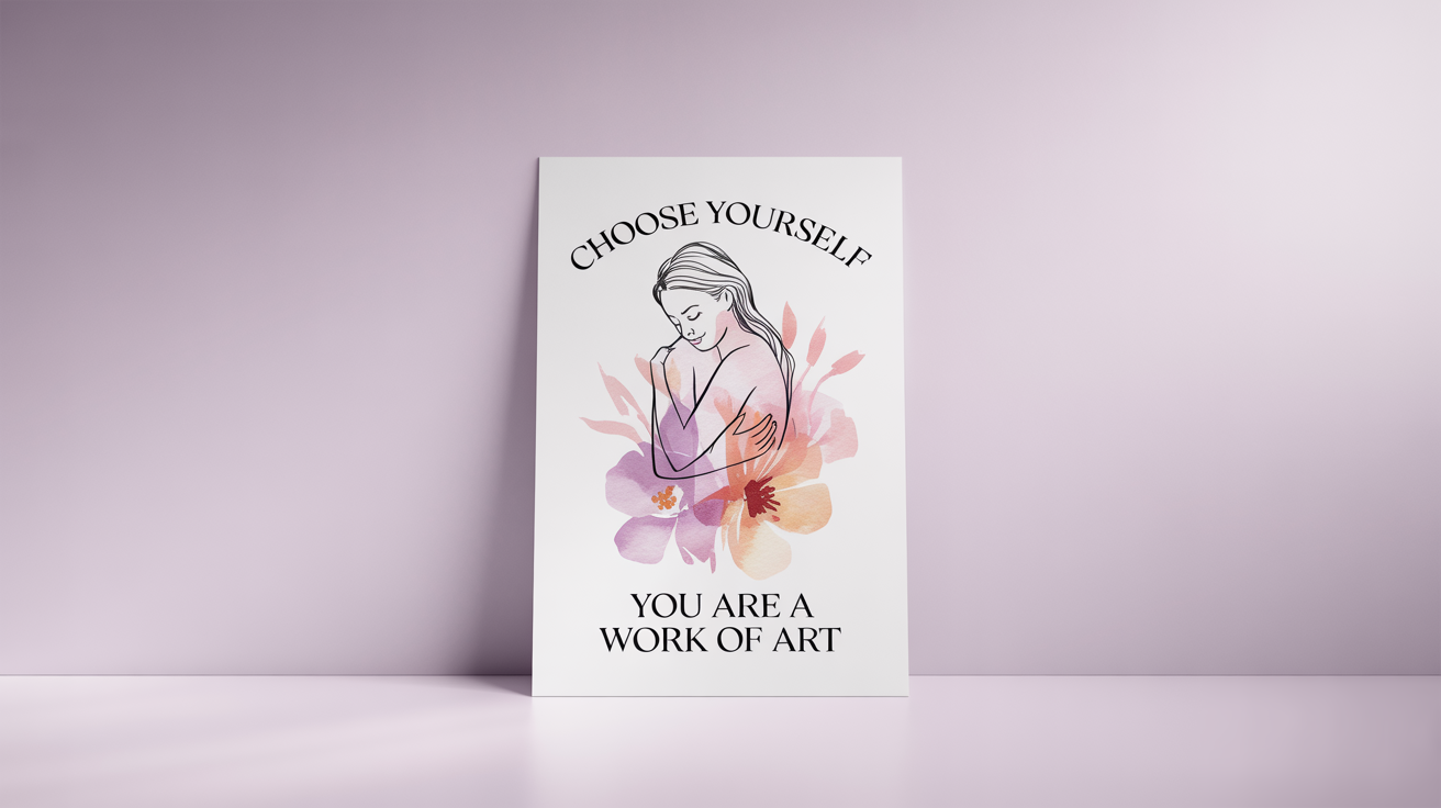 A self-love poster mockup on a white background, featuring a line art illustration of a person hugging themselves with flowers, and the text 'Choose Yourself' and 'You are a work of art'.