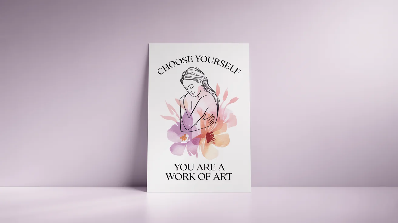 A self-love poster mockup on a white background, featuring a line art illustration of a person hugging themselves with flowers, and the text 'Choose Yourself' and 'You are a work of art'.
