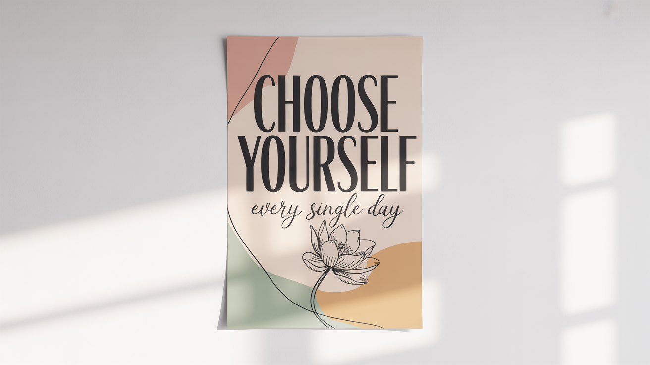 A modern self-love poster mockup on a white background, featuring the phrase 'CHOOSE YOURSELF' in bold letters with a minimalist lotus flower illustration.