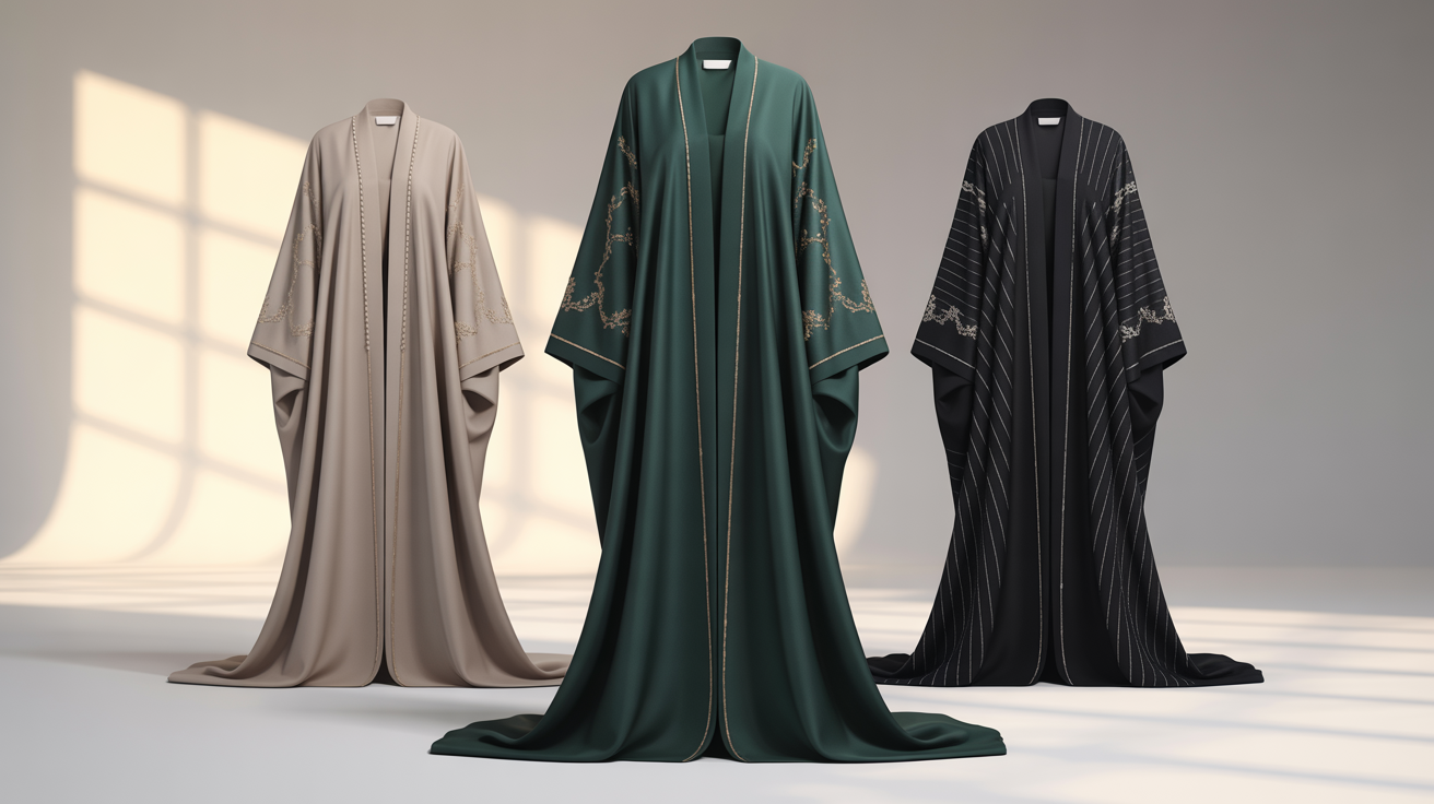 A high-end fashion illustration of three different modern abaya designs—one emerald green, one beige, and one black—displayed elegantly side-by-side on a light gray background.