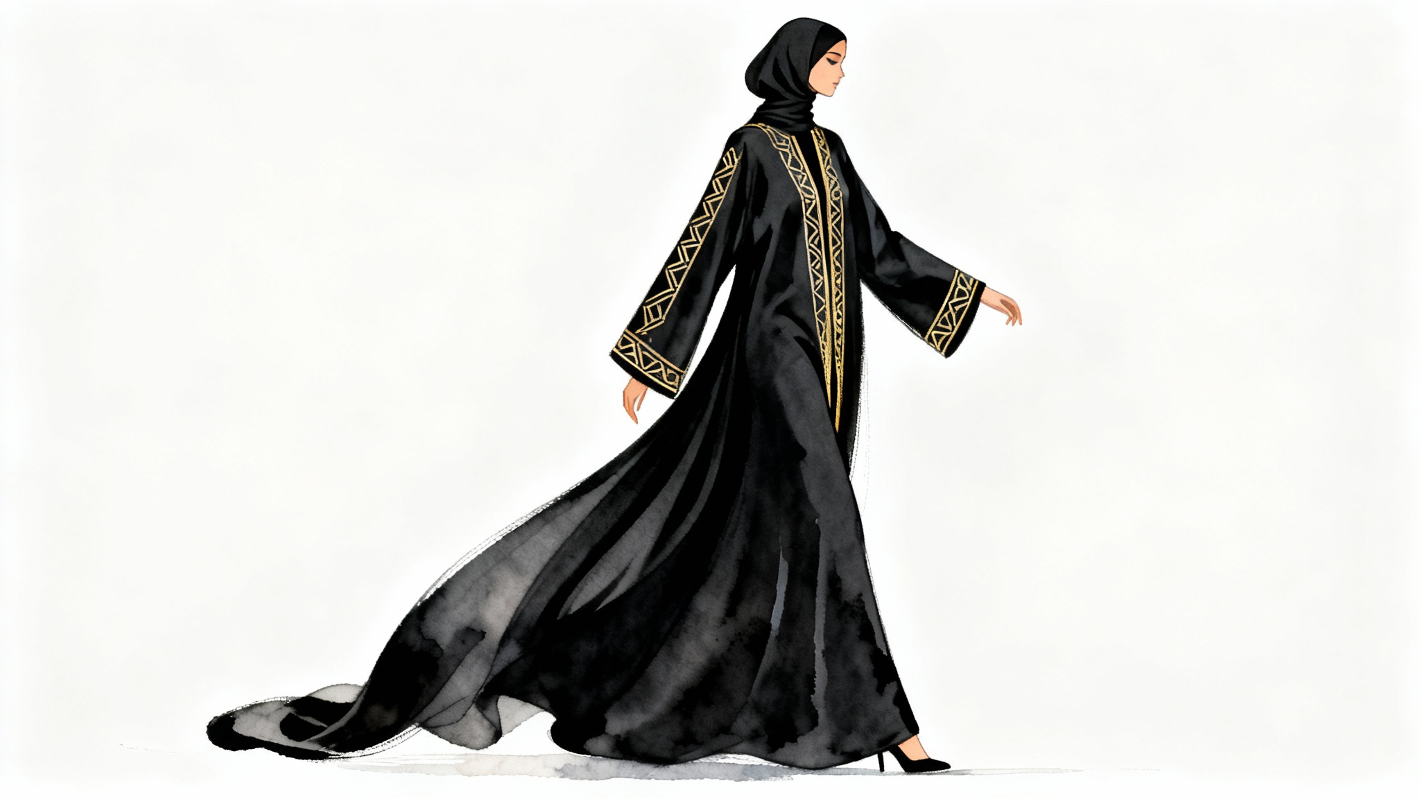 A modern fashion illustration of a woman wearing a chic, flowing black abaya with delicate gold embroidery, set against a stark white background.