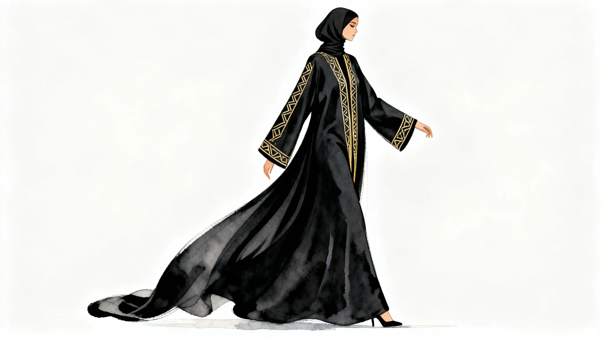 A modern fashion illustration of a woman wearing a chic, flowing black abaya with delicate gold embroidery, set against a stark white background.