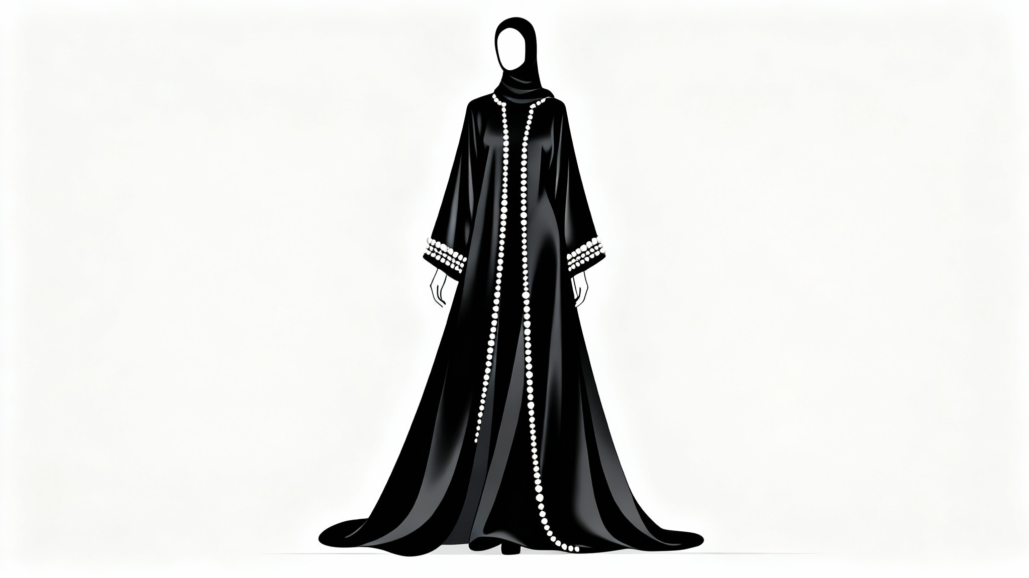 A modern fashion illustration of a flowing black abaya with delicate white pearl detailing on the sleeves and front, presented against a clean white background.