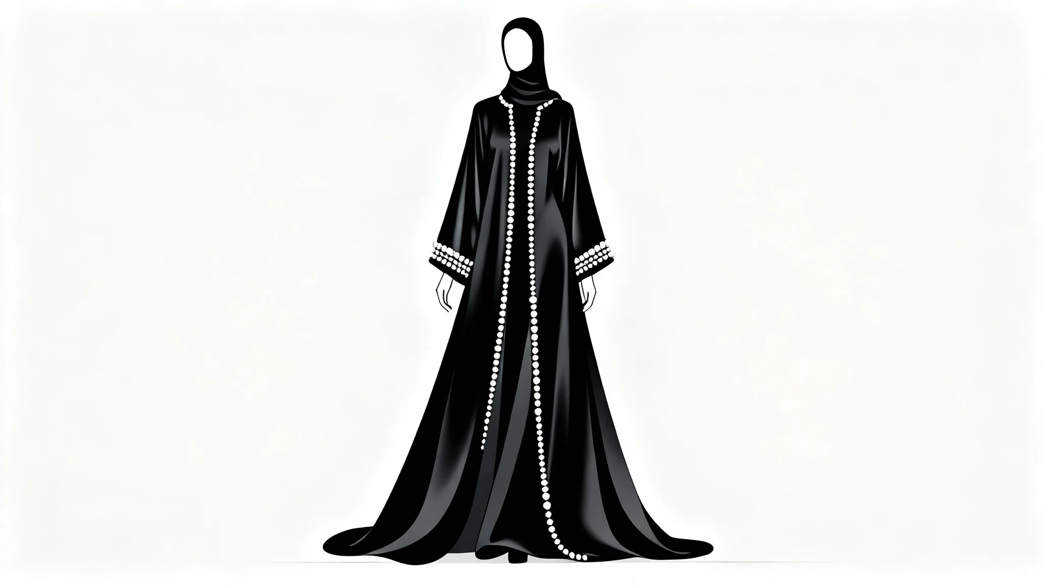 A modern fashion illustration of a flowing black abaya with delicate white pearl detailing on the sleeves and front, presented against a clean white background.