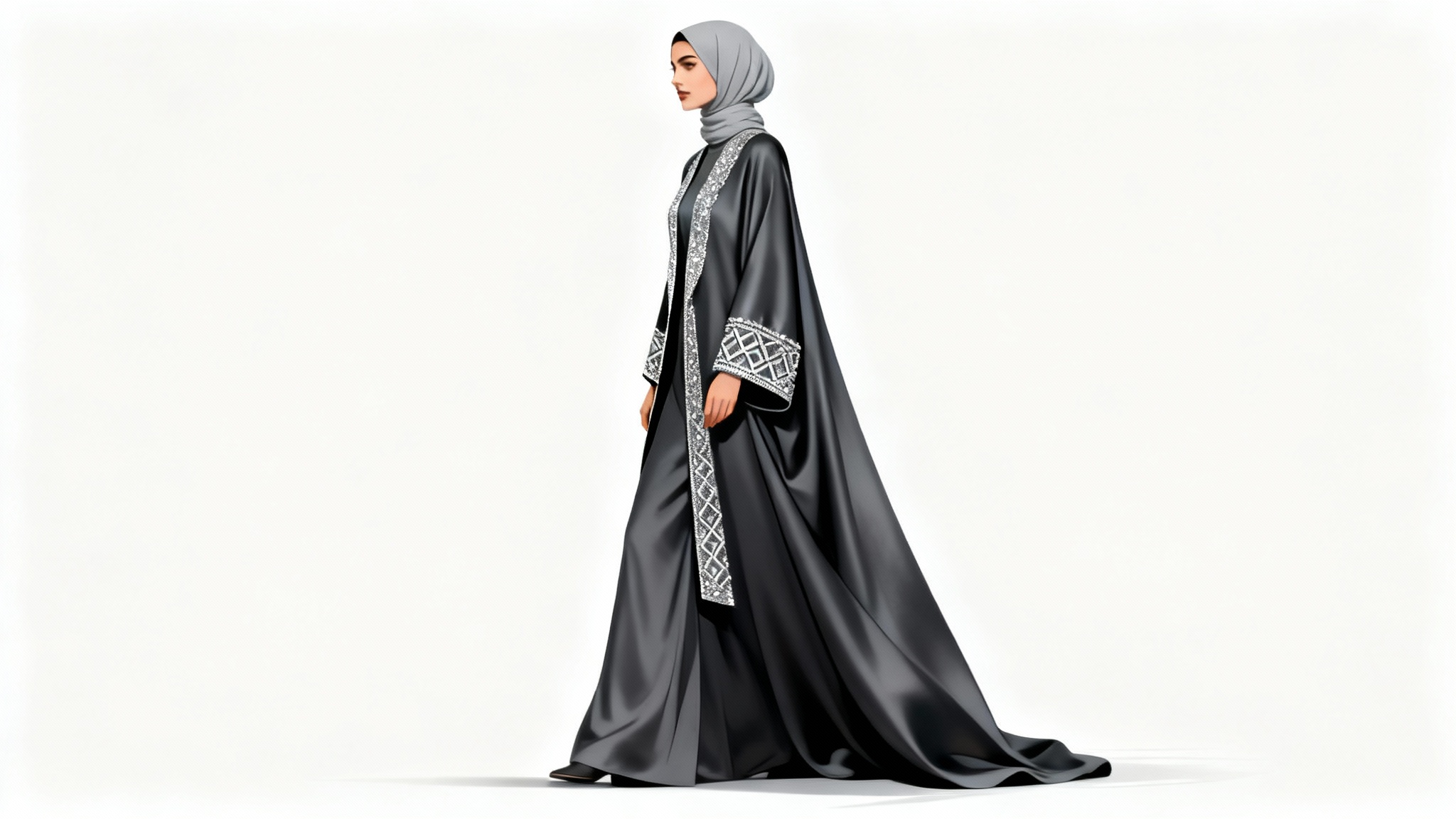 A sophisticated fashion illustration of a woman wearing a modern charcoal grey abaya with silver embroidery and a matching hijab, set against a clean white background.