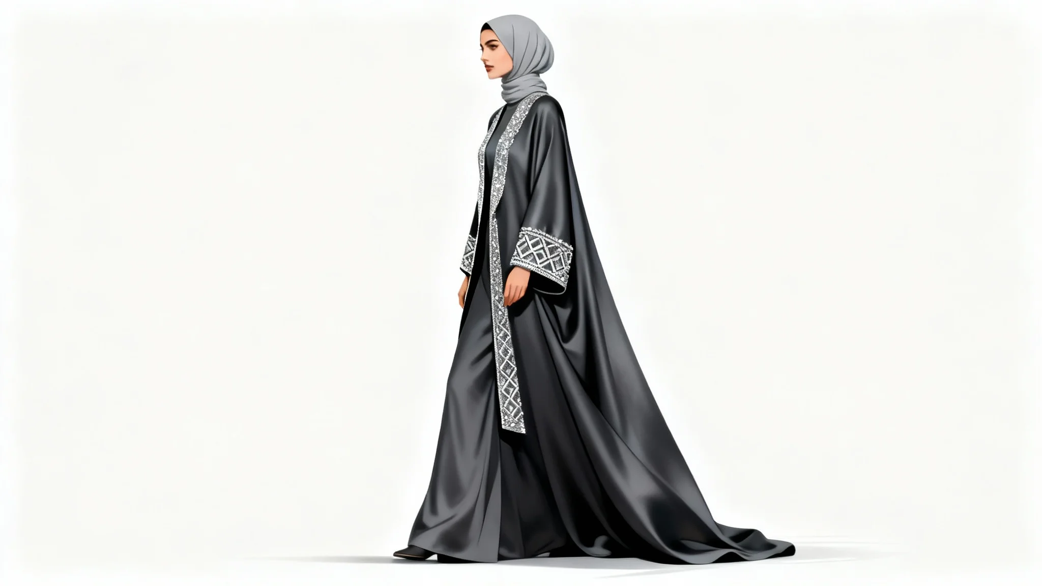 A sophisticated fashion illustration of a woman wearing a modern charcoal grey abaya with silver embroidery and a matching hijab, set against a clean white background.