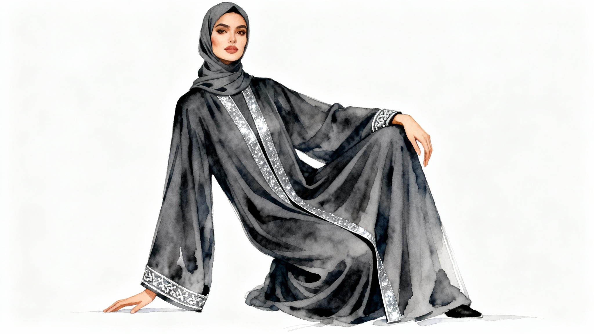 An elegant fashion illustration of a woman wearing a modern charcoal grey abaya with silver embroidery, presented as a mockup against a clean white background.