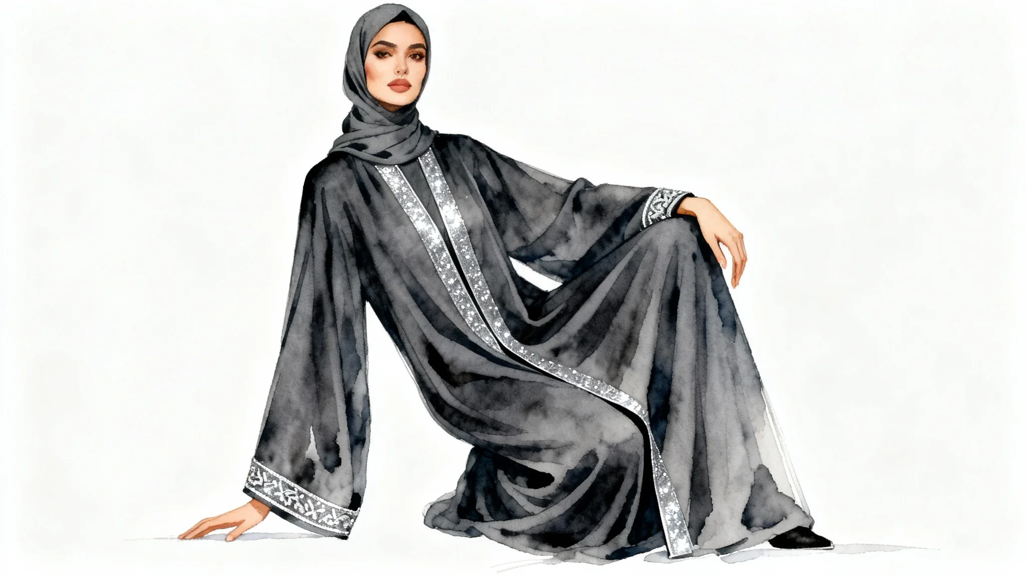 An elegant fashion illustration of a woman wearing a modern charcoal grey abaya with silver embroidery, presented as a mockup against a clean white background.