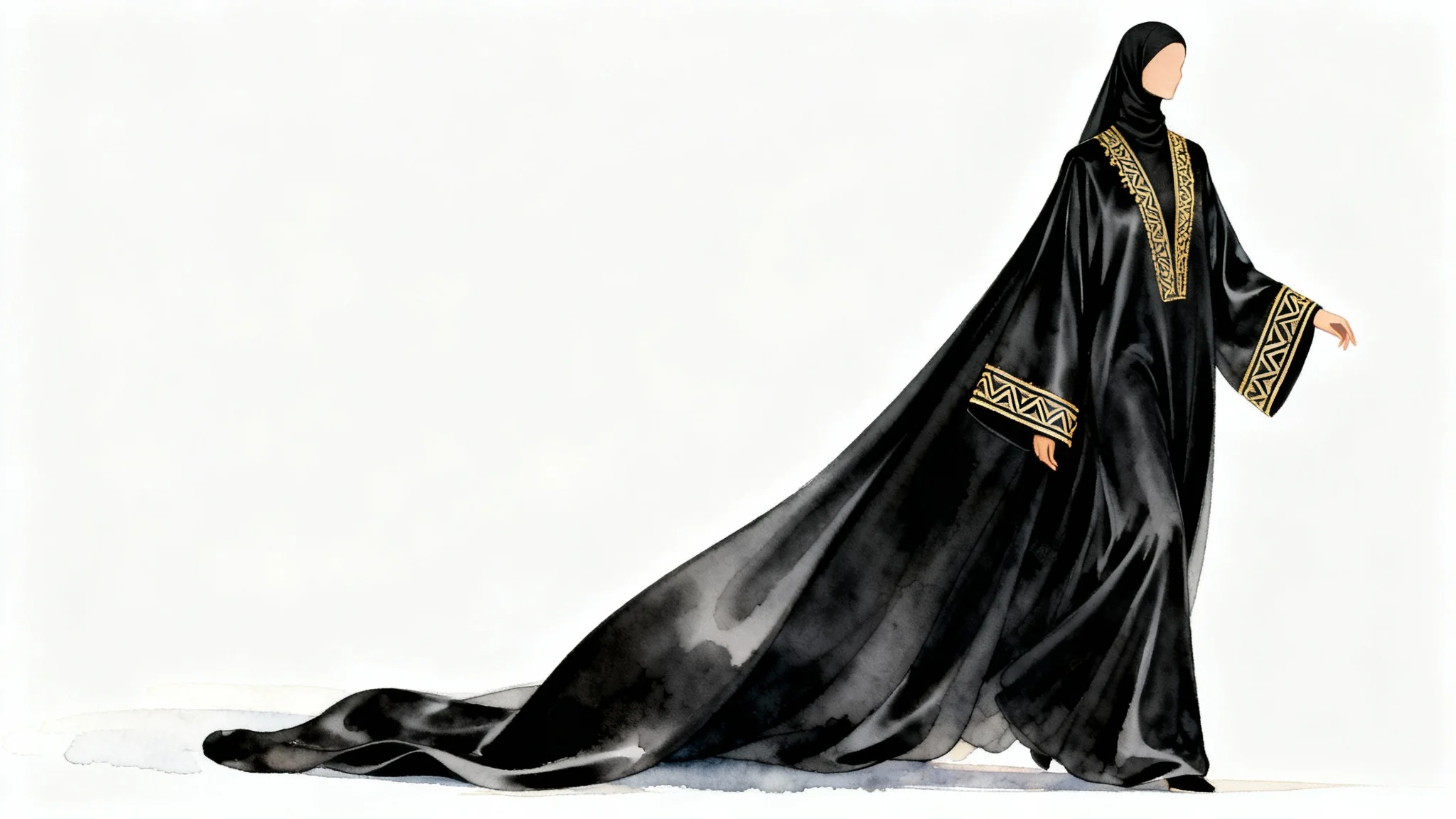 A modern fashion illustration of a woman in an elegant, flowing black abaya with minimalist gold embroidery, against a stark white background.