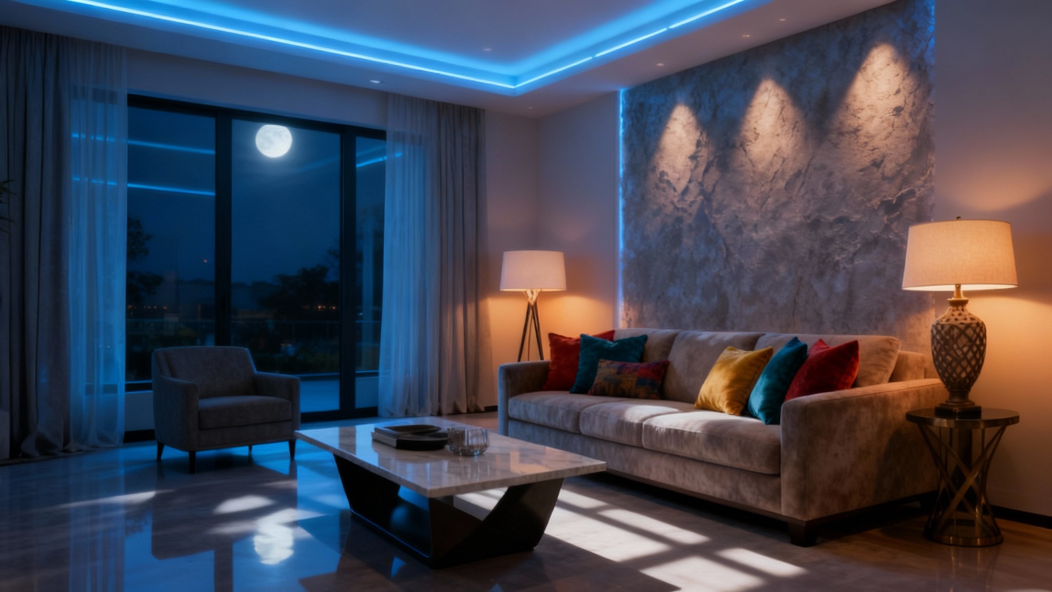 A photorealistic architectural render of a modern living room at night, demonstrating an advanced lighting result. The room features a dramatic interplay of cool ambient light, warm focused light, and soft moonlight, creating a luxurious and cinematic mood.