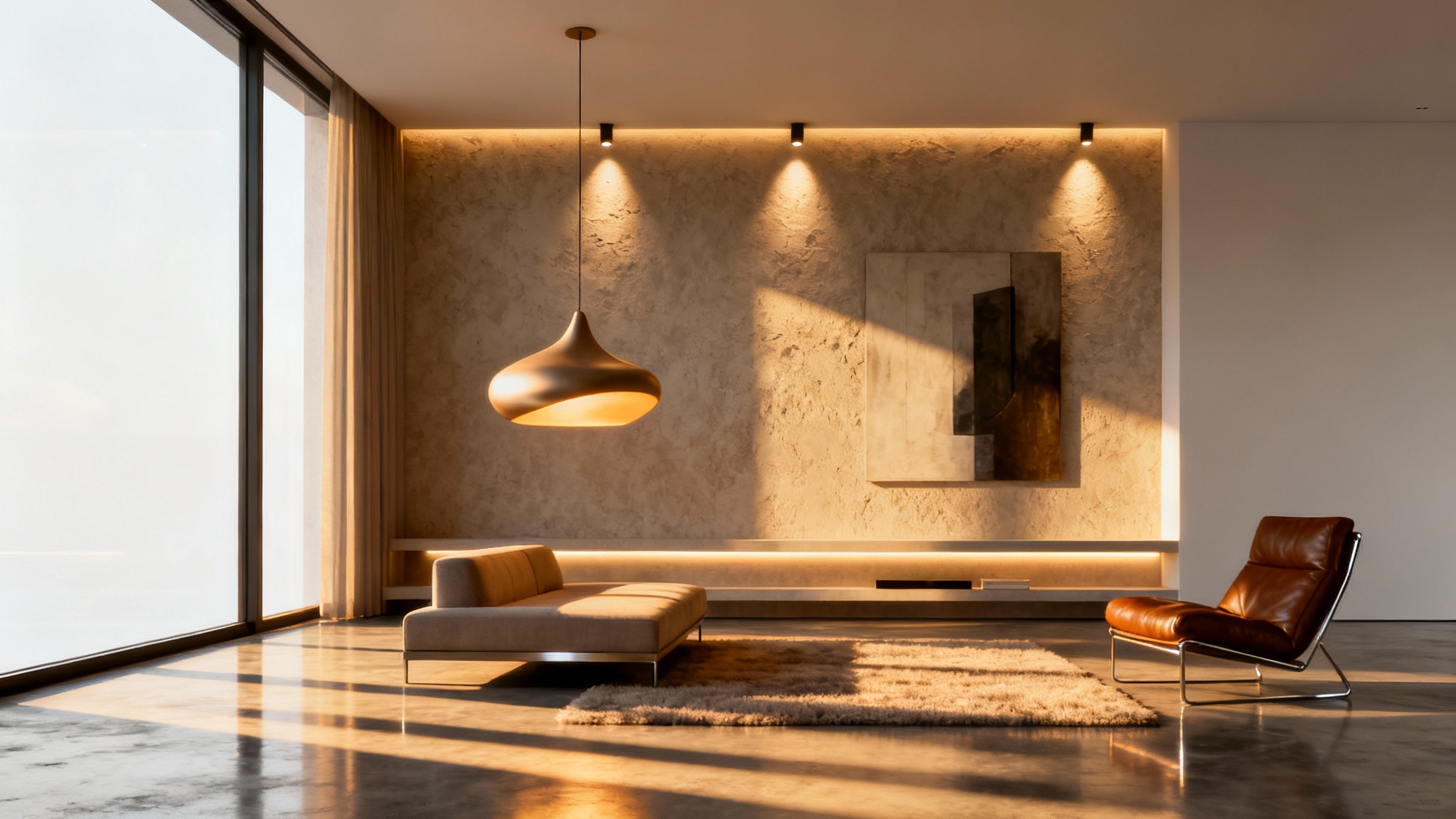 A photorealistic 3D render of a modern living room showcasing a sophisticated lighting setup, with warm sunlight, a pendant lamp, and accent lights creating a warm and inviting atmosphere.