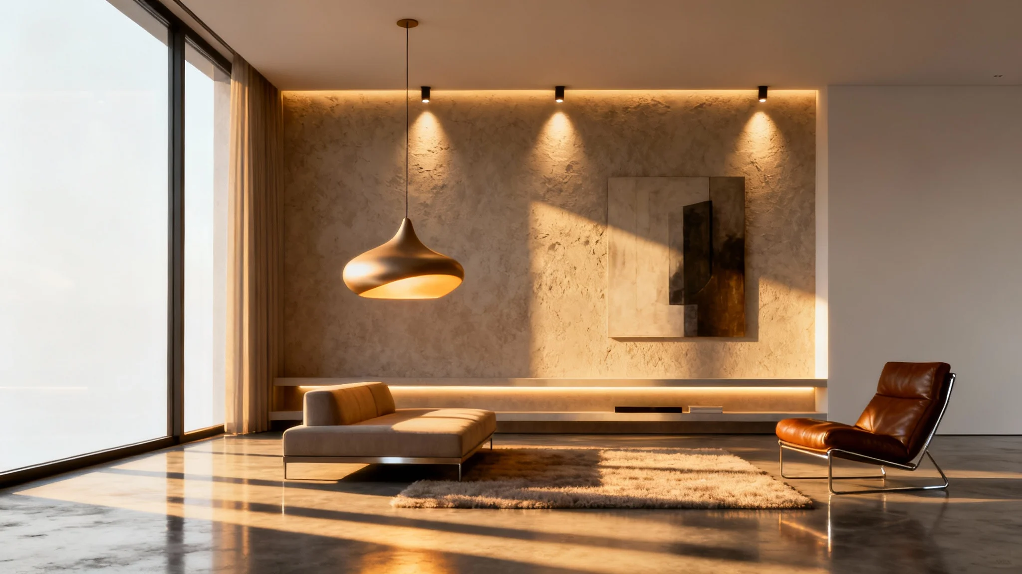 A photorealistic 3D render of a modern living room showcasing a sophisticated lighting setup, with warm sunlight, a pendant lamp, and accent lights creating a warm and inviting atmosphere.