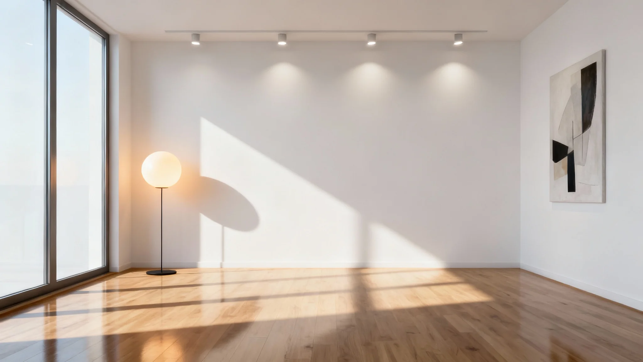 A photorealistic 3D render of a modern living room showcasing advanced lighting, with sunlight from a window, a glowing floor lamp, and ceiling spotlights creating a serene and sophisticated atmosphere.