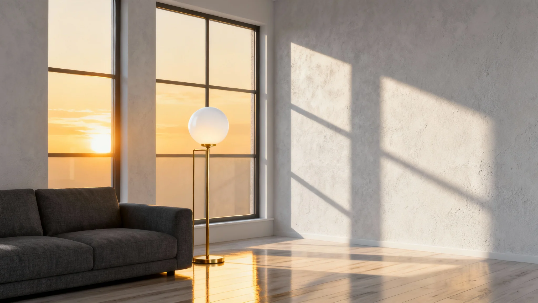 A photorealistic 3D render of a modern living room interior, highlighting the beautiful play of natural sunlight and artificial lamp light on the furniture and walls.