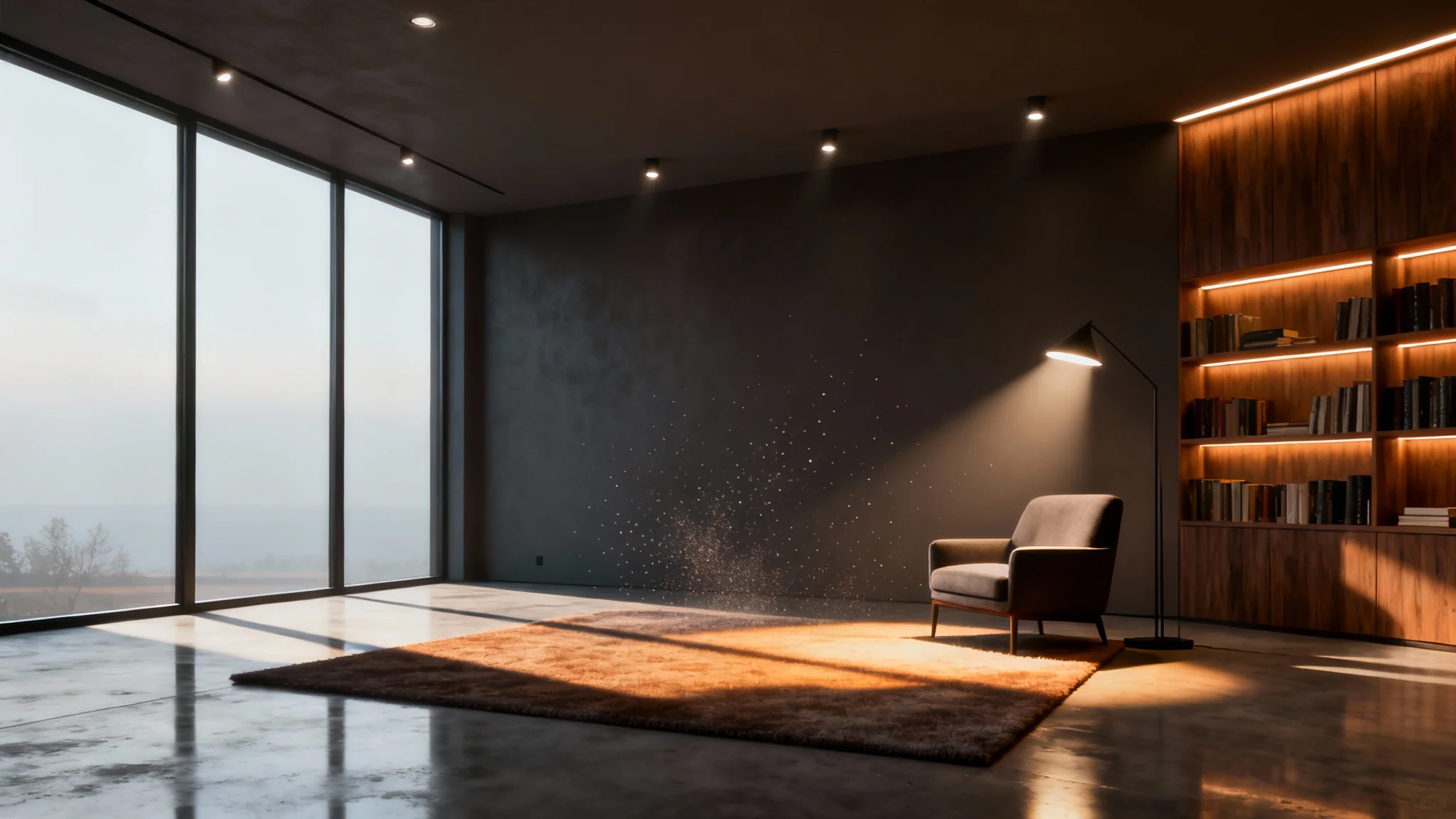 A photorealistic 3D render of a modern living room at dusk, showcasing a complex and beautiful lighting setup with both natural and artificial light sources creating a warm and inviting atmosphere.