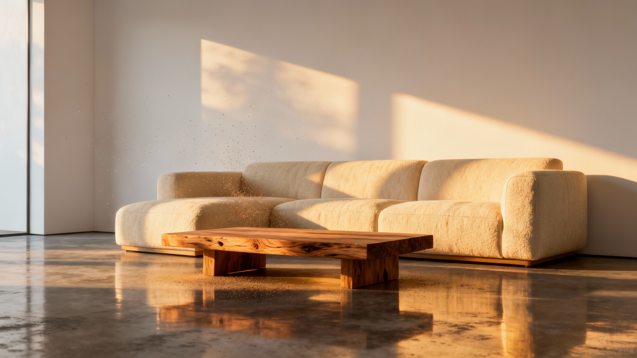 A hyper-realistic interior render of a modern living room, showcasing the dramatic and beautiful effects of natural sunlight and shadows.