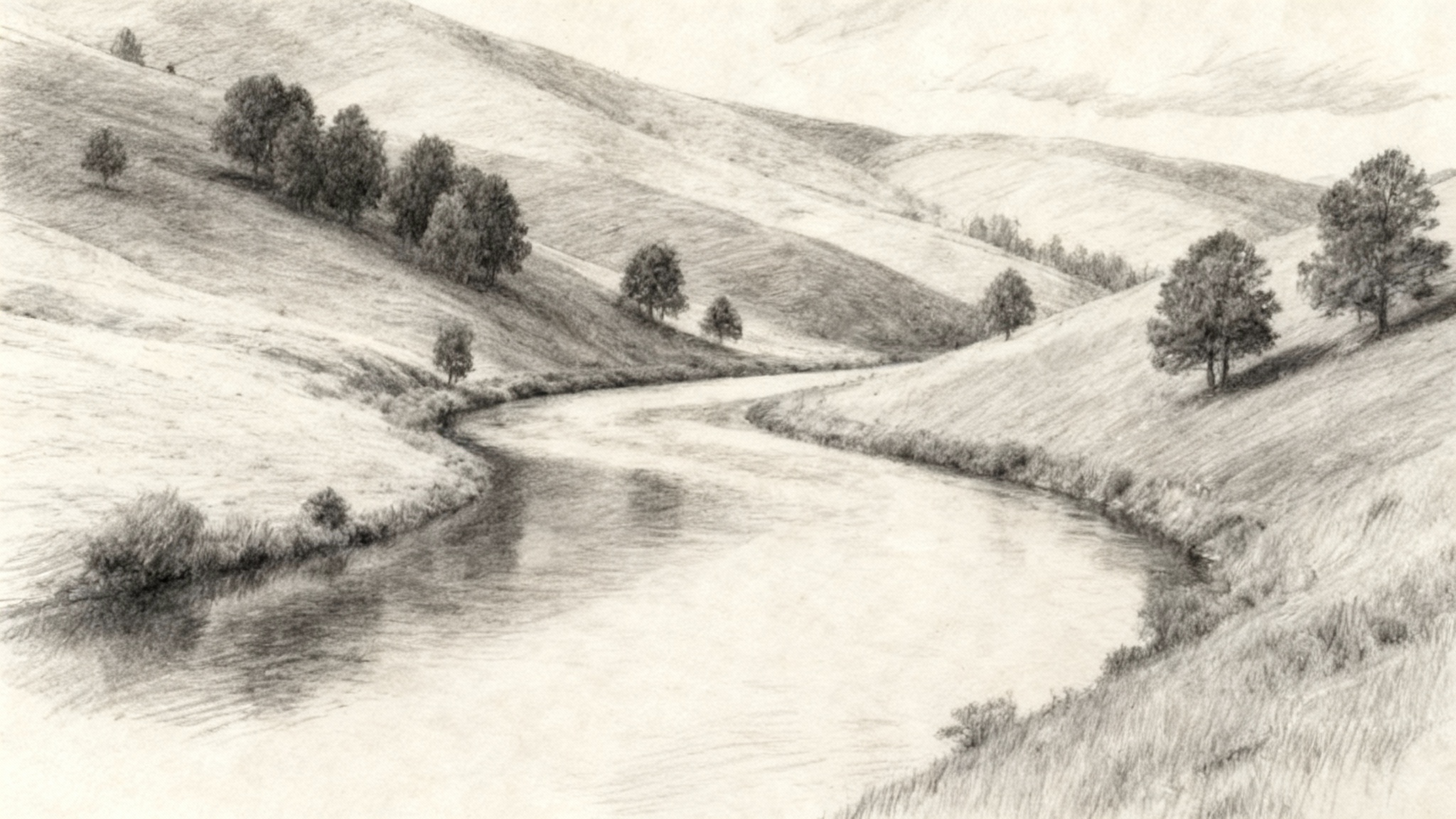 A beautiful and detailed pencil sketch of a peaceful landscape, showcasing a river flowing through rolling hills with trees under a cloudy sky. The drawing features realistic shading and a textured paper background, demonstrating a high-quality pencil sketch photo effect.