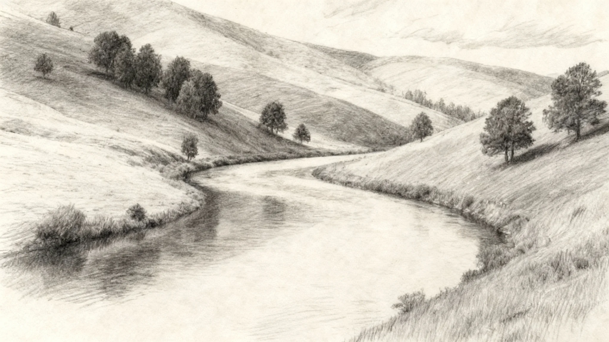 A beautiful and detailed pencil sketch of a peaceful landscape, showcasing a river flowing through rolling hills with trees under a cloudy sky. The drawing features realistic shading and a textured paper background, demonstrating a high-quality pencil sketch photo effect.