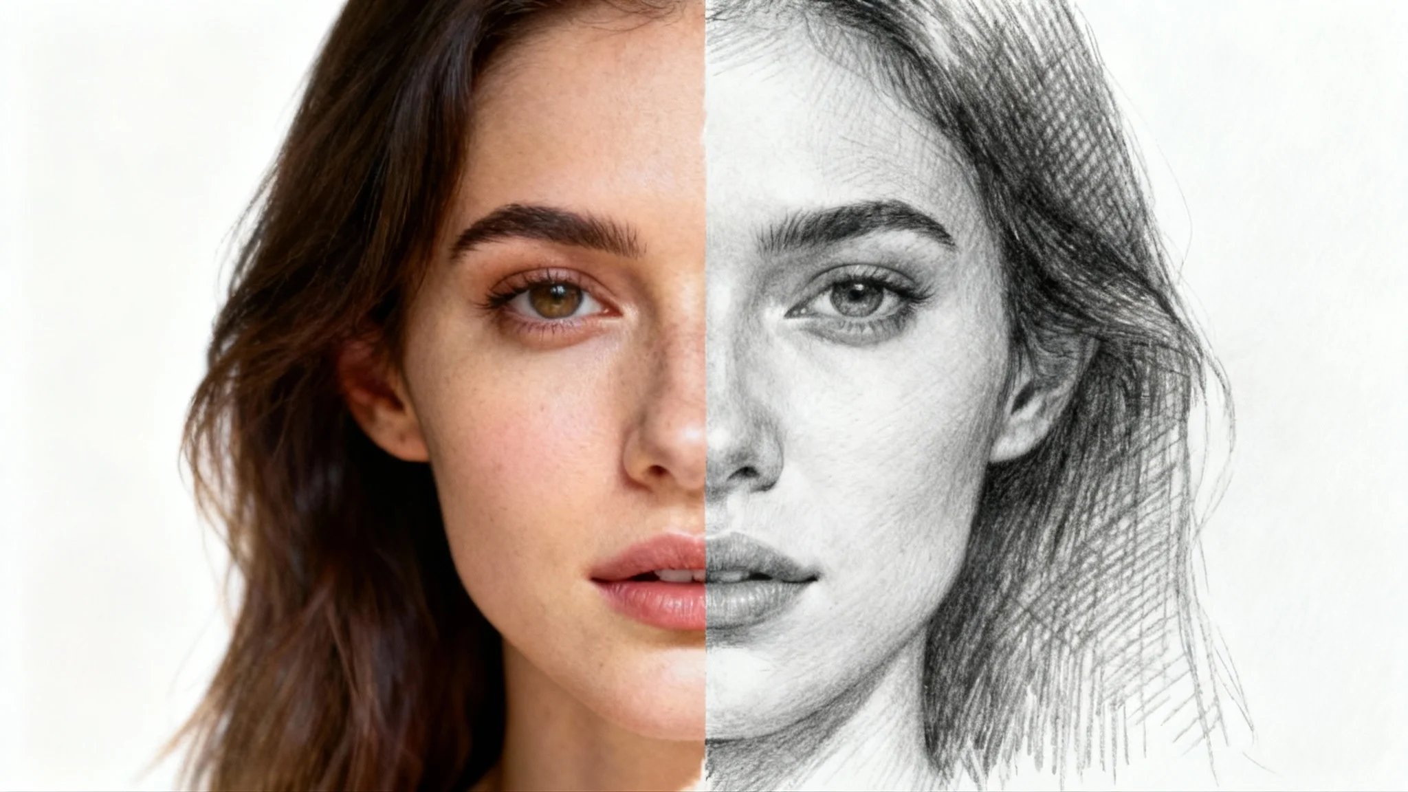 A split image demonstrating a pencil sketch effect. The left side is a color photograph of a woman's face, and the right side is the same face rendered as a detailed black and white pencil drawing.