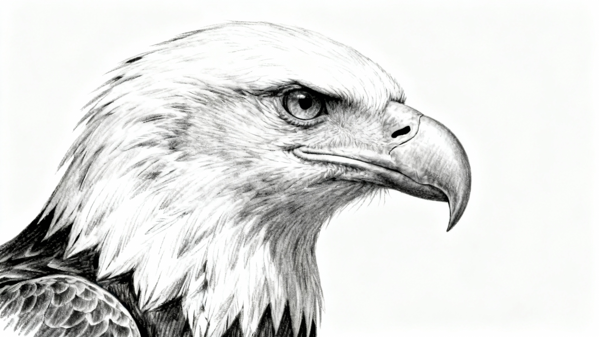 A detailed, realistic pencil sketch of a bald eagle's head, created to showcase a pencil sketch effect, isolated on a white background.