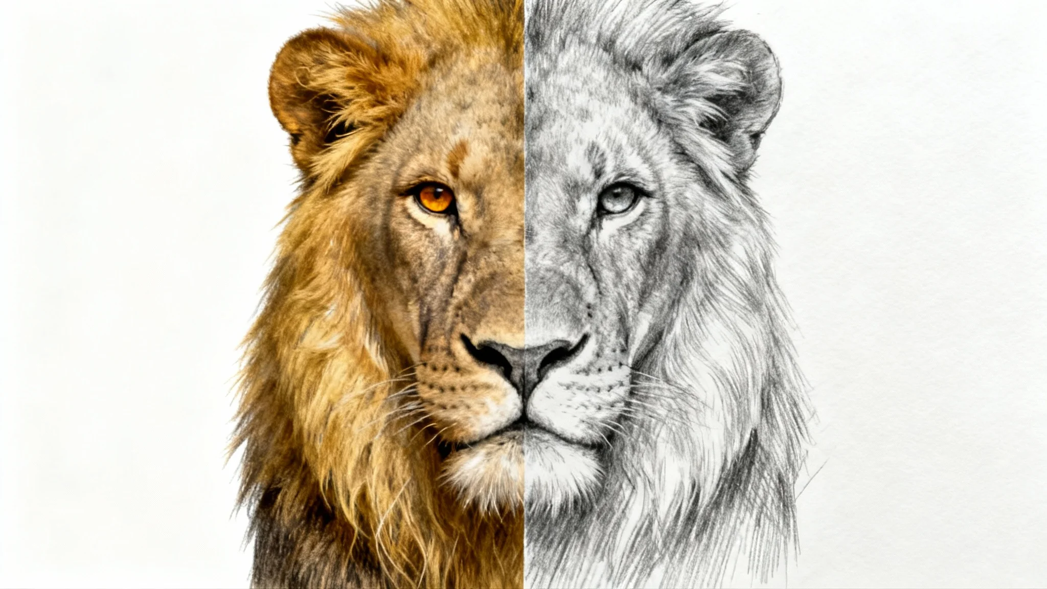 A split-view image of a lion's head, with the left side being a photorealistic color photo and the right side being a detailed black and white pencil sketch, demonstrating a pencil sketch effect against a white background.