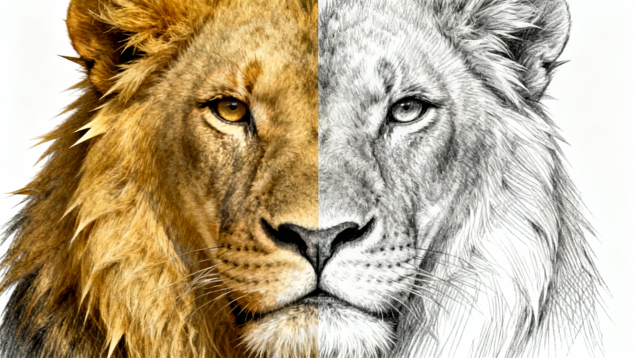 An image split in half, showing a photo-to-sketch effect. The left side is a full-color photograph of a lion's face, and the right side is a detailed black and white pencil sketch of the same lion.