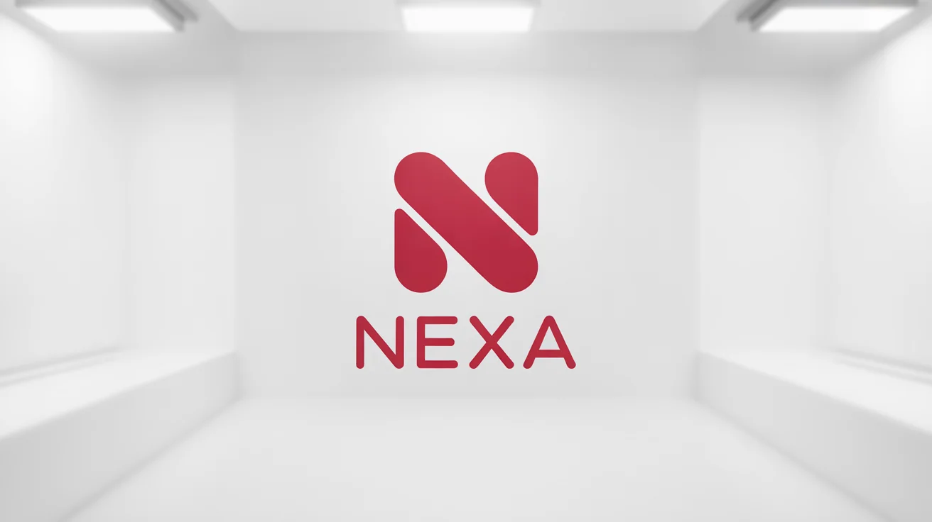 A modern, minimalist red logo for a fictional brand named 'NEXA', displayed on a clean white background. The logo features an abstract geometric symbol above the brand name.