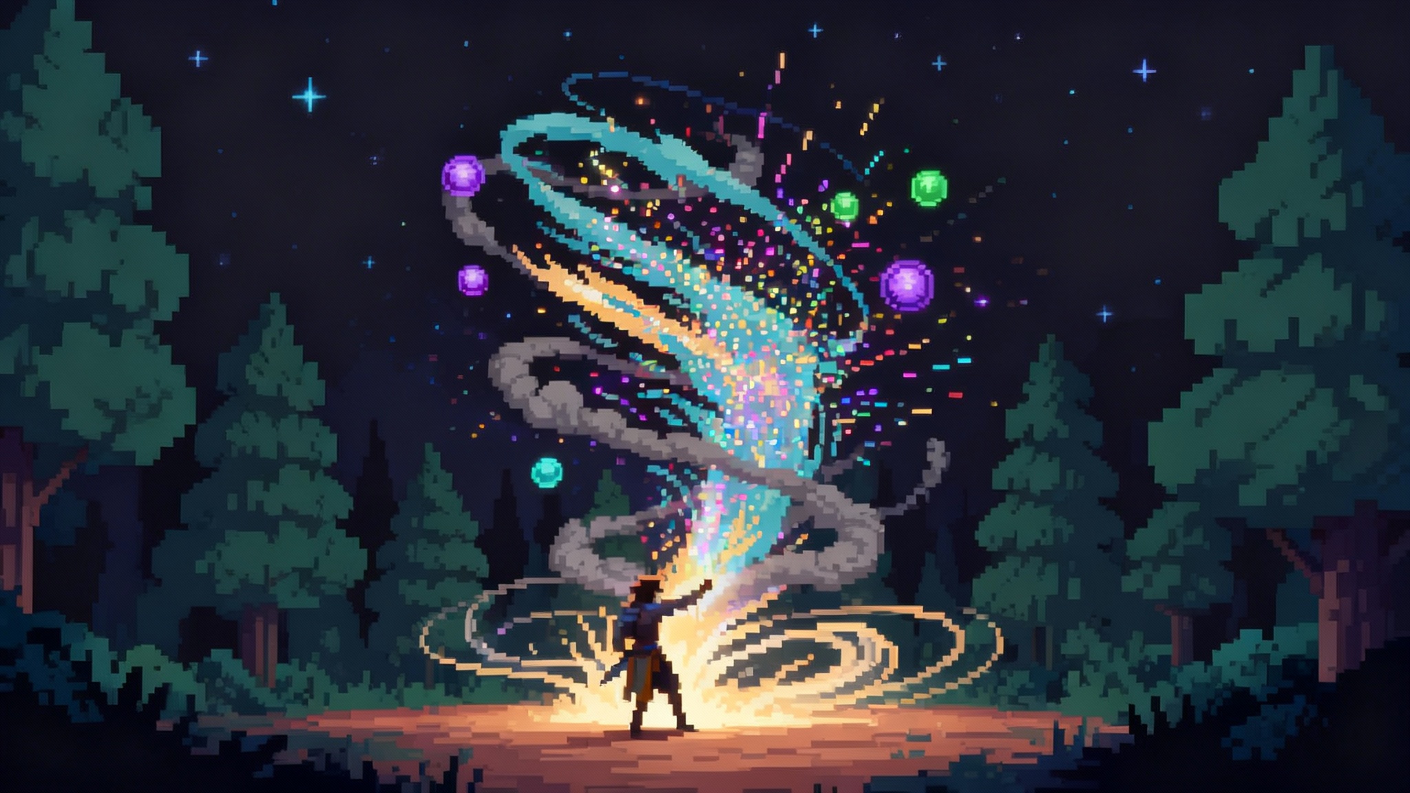A finished, polished pixel art scene of a video game character in a dark forest casting a spell, resulting in a spectacular display of colorful particle effects like sparks, smoke, and glowing orbs.
