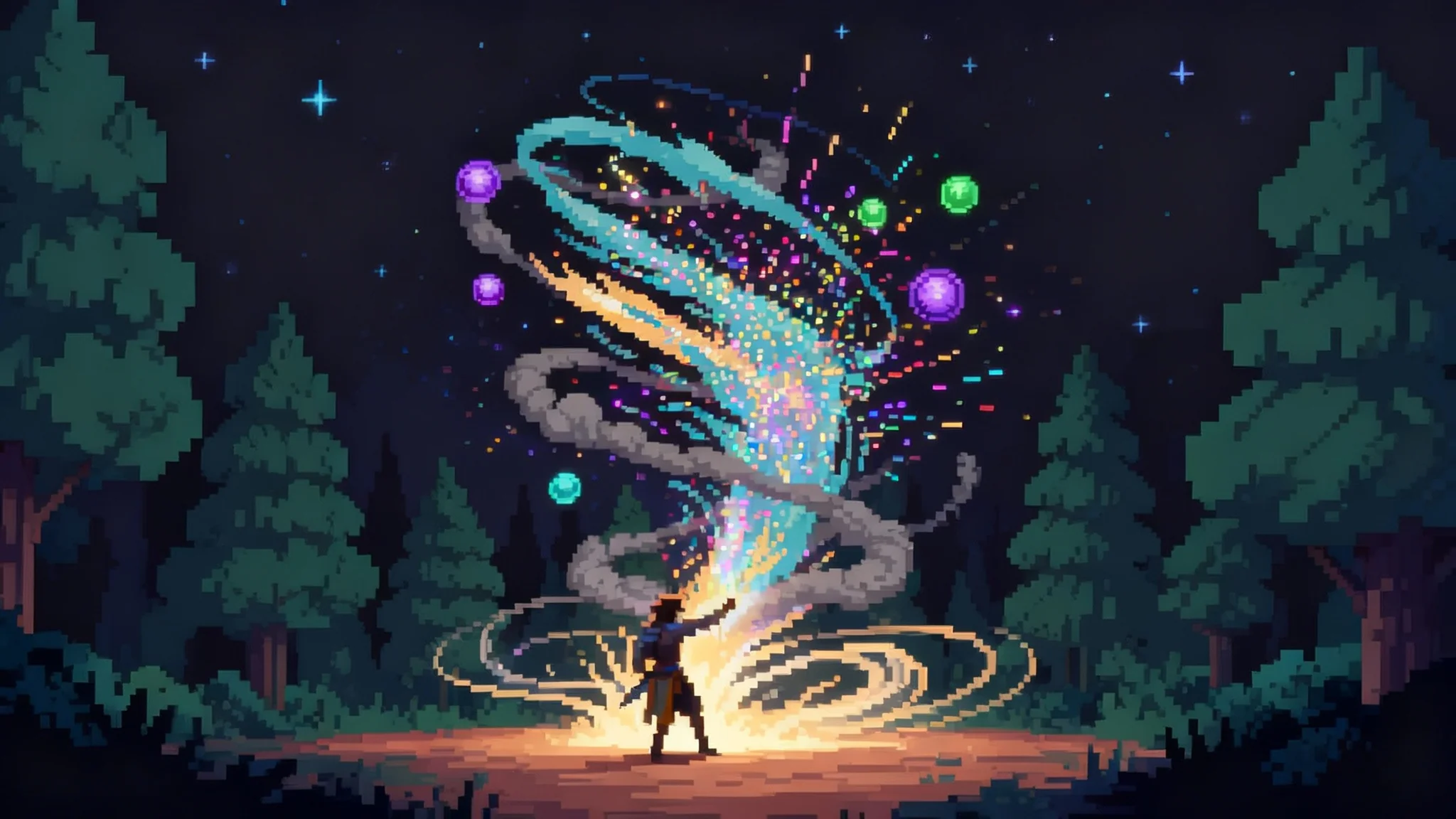 A finished, polished pixel art scene of a video game character in a dark forest casting a spell, resulting in a spectacular display of colorful particle effects like sparks, smoke, and glowing orbs.