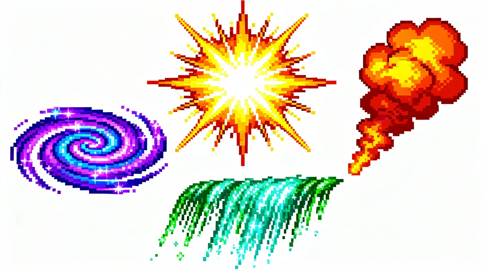 A colorful showcase of various pixel art particle effects, including a central explosion, a magical vortex, and fiery smoke, all in a 16-bit retro style against a white background.